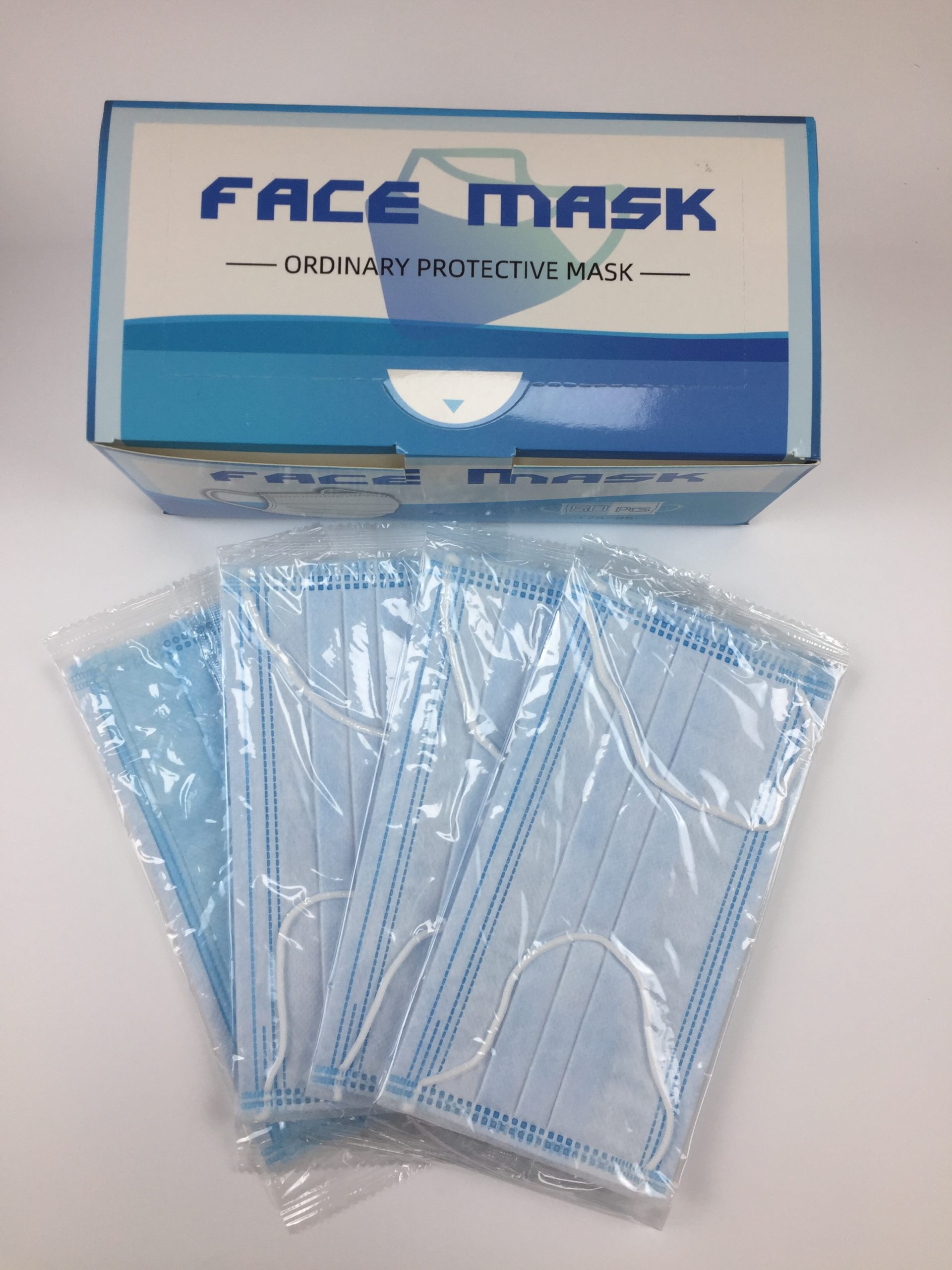 Pack of blue disposable face masks
